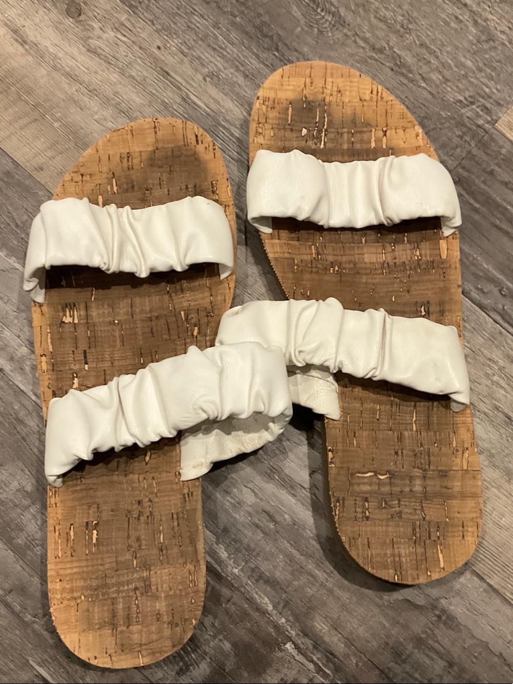Amazon White Ruched Double-Strap Cork Slide Sandals